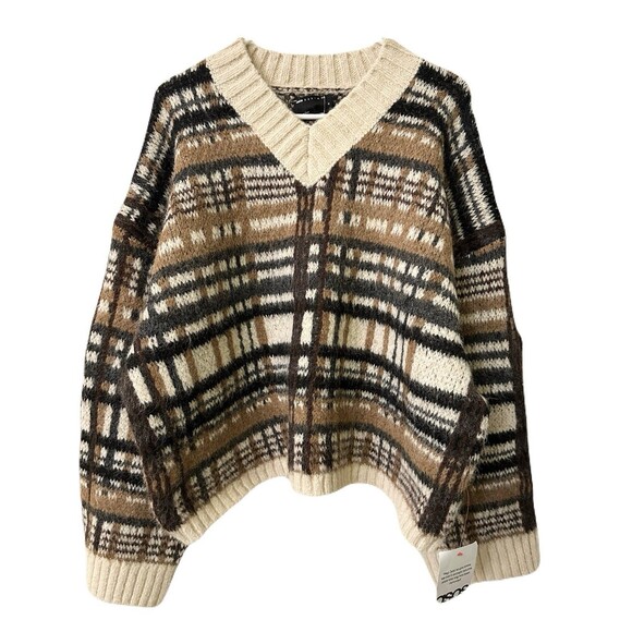 NEW ASOS Womens Size Medium Brushed Mocha Plaid High V-Neck Wool Blend Sweater - Picture 1 of 8